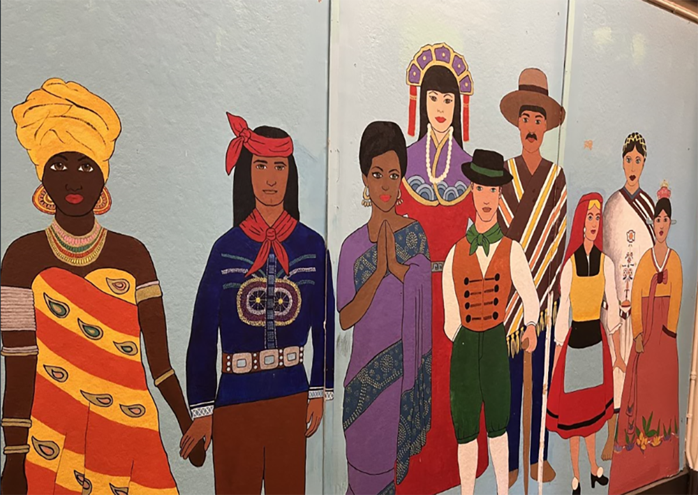 A colorful mural celebrating cultures of the world