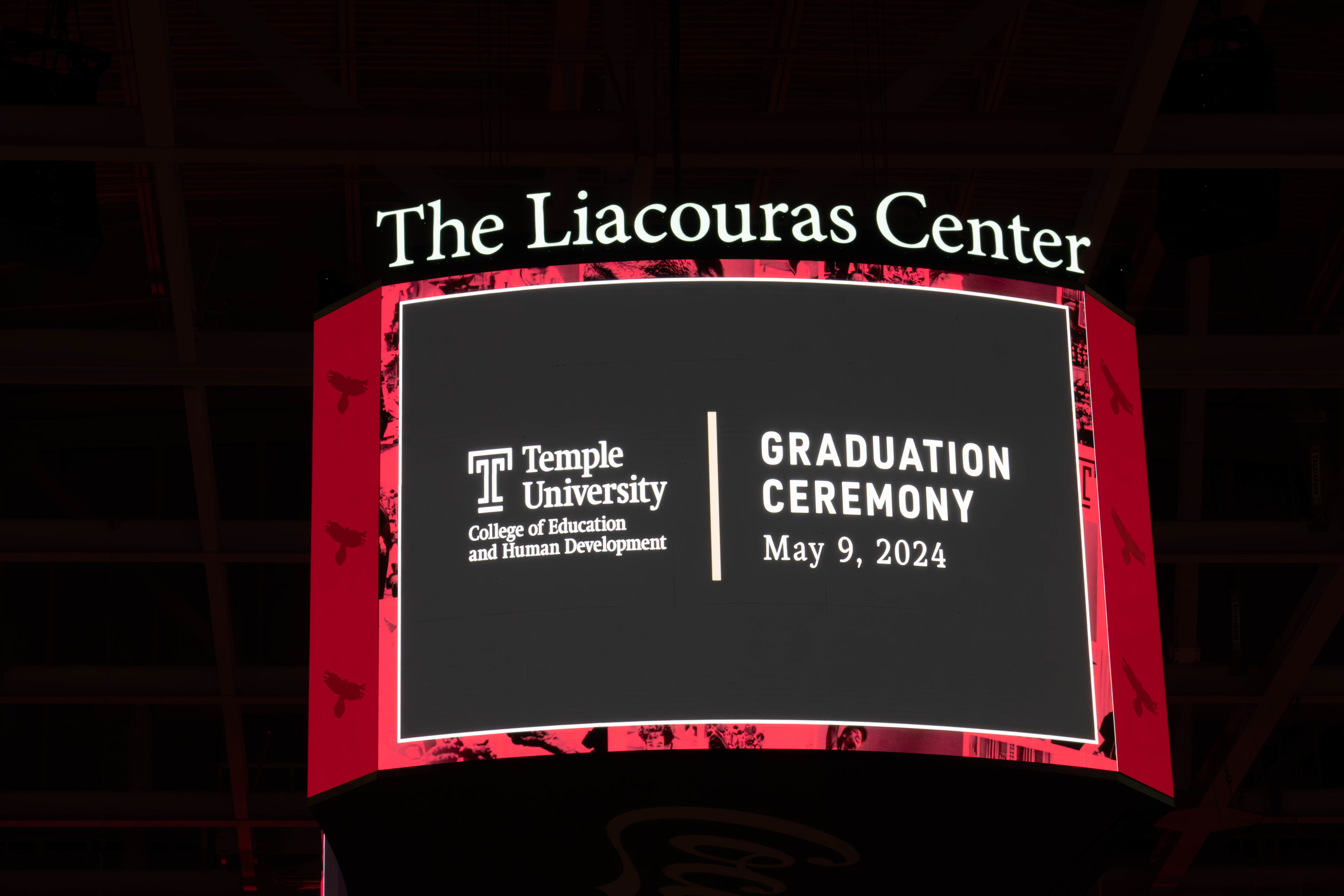 The Liacouras Center in-arena sign displays the college logo and reads: Graduation Ceremony, May 9, 2024