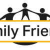 graphic logo with words Family Friends and stylized image of adults holding hands with a child