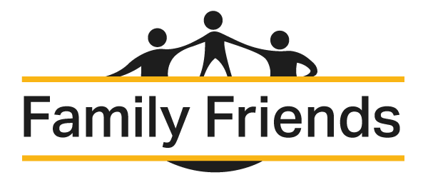 graphic logo with words Family Friends and stylized image of adults holding hands with a child