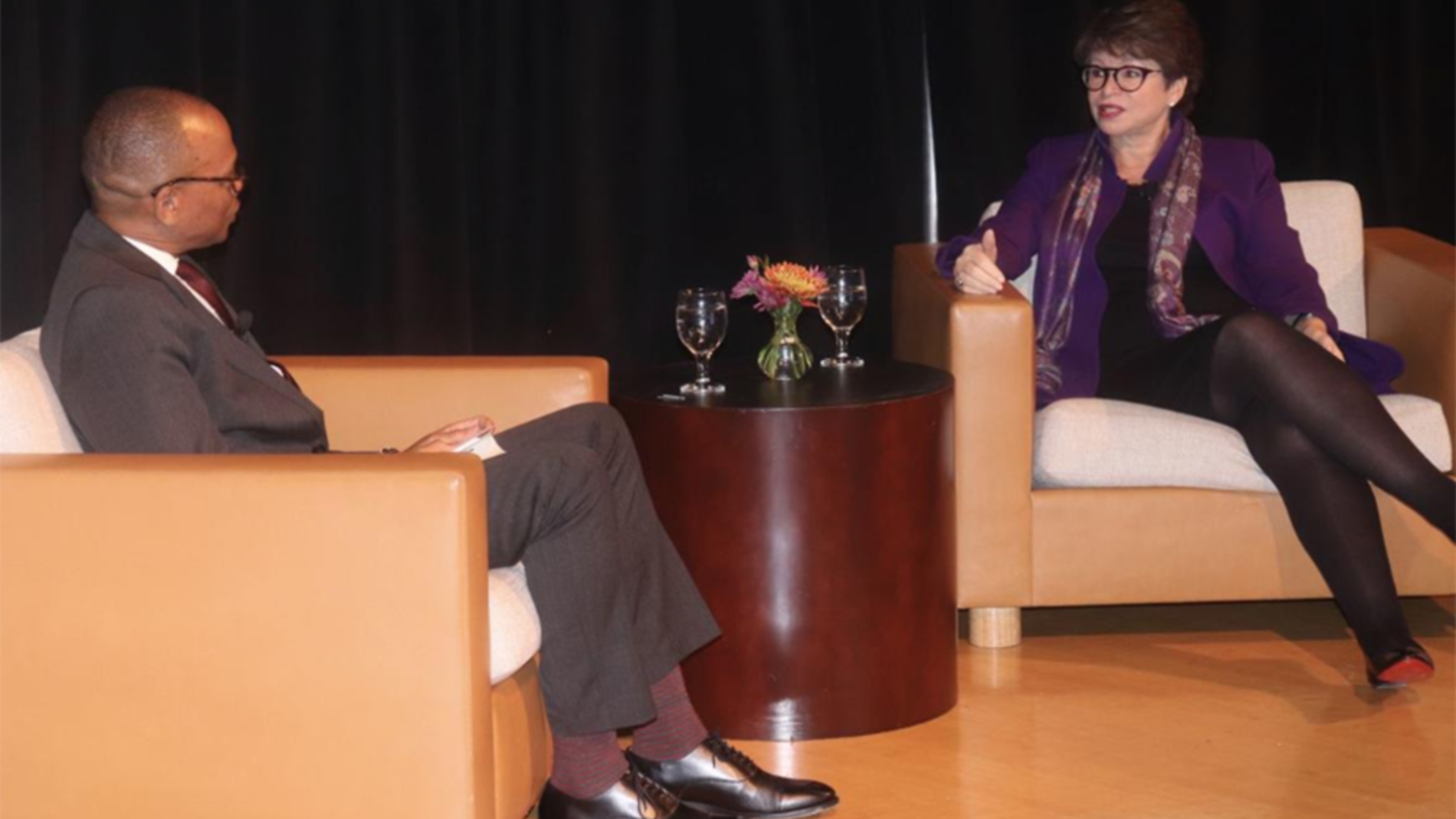 Valerie Jarrett speaks with moderator Dr. James Earl Davis at Temple University's College of Education inaugural Distinguished Speakers Series event on November 15 at the Franklin Institute. Dr. James Davis and Valerie Jarrett
