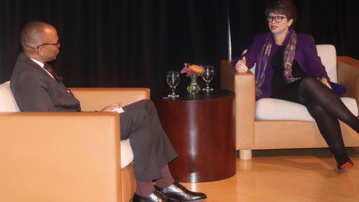 Valerie Jarrett speaks with moderator Dr. James Earl Davis at Temple University's College of Education inaugural Distinguished Speakers Series event on November 15 at the Franklin Institute. Dr. James Davis and Valerie Jarrett