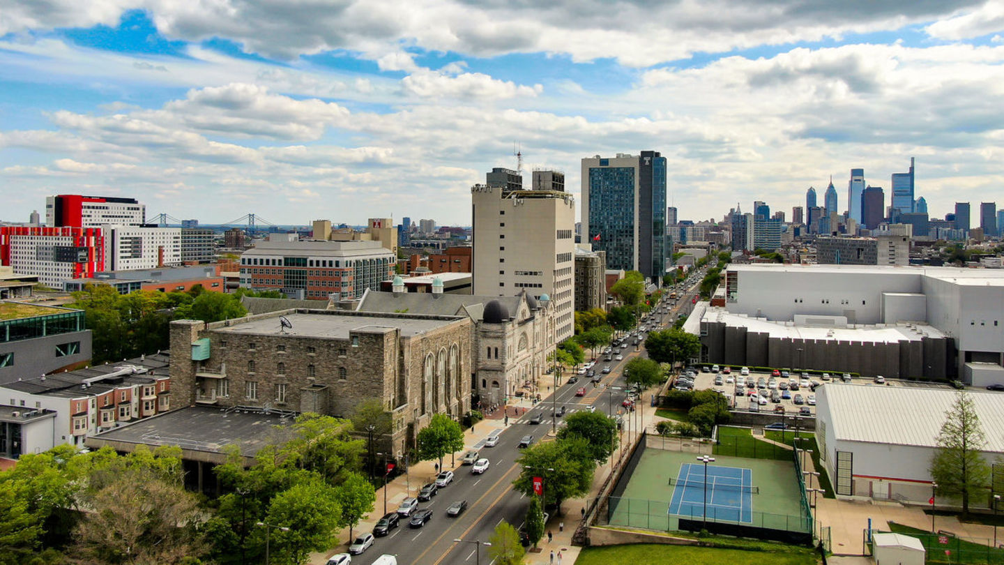 Aerial image looking southward on Broad Street with Temples campus in the foreground and the Philadelphia skyline in the background
