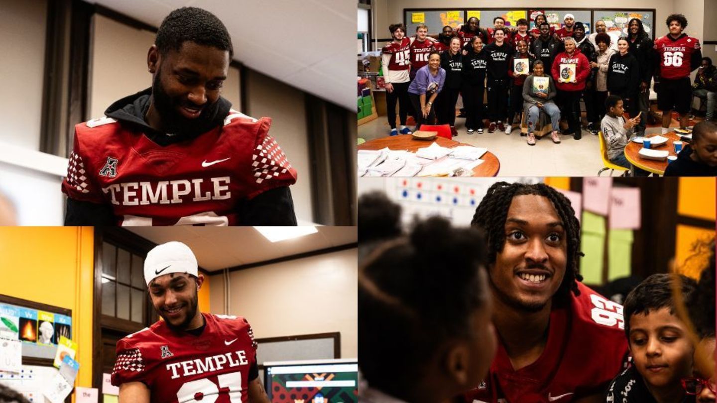 Temple football players inspire and mentor Dunbar students through a literacy-focused community partnership. Photo collage of the Temple Foorball Team