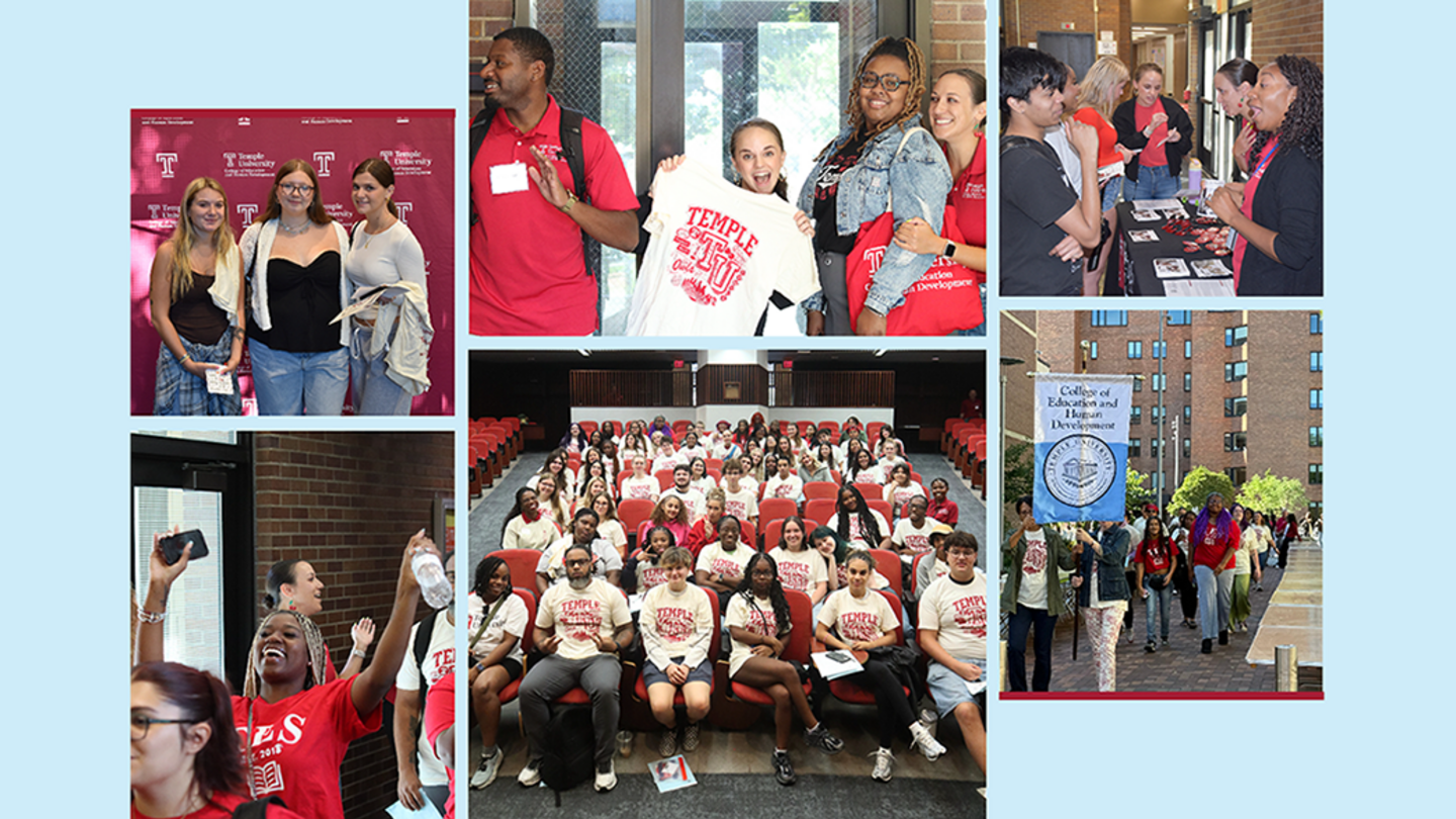 Collage of images from Convocation: Top row - three students stand in front of a photo wall; staff pose together holding a themed t-shirt; staff and students interact at an information table. Bottom row - students excitedly walk through the hall; group shot of all students in the auditorium; faculty and students walk from Ritter Hall carrying the college flat.